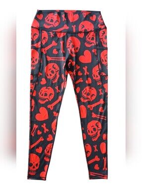 Constantly Varied Gear Bleeding Love Black Leggings with Red Skull & Hearts Size
